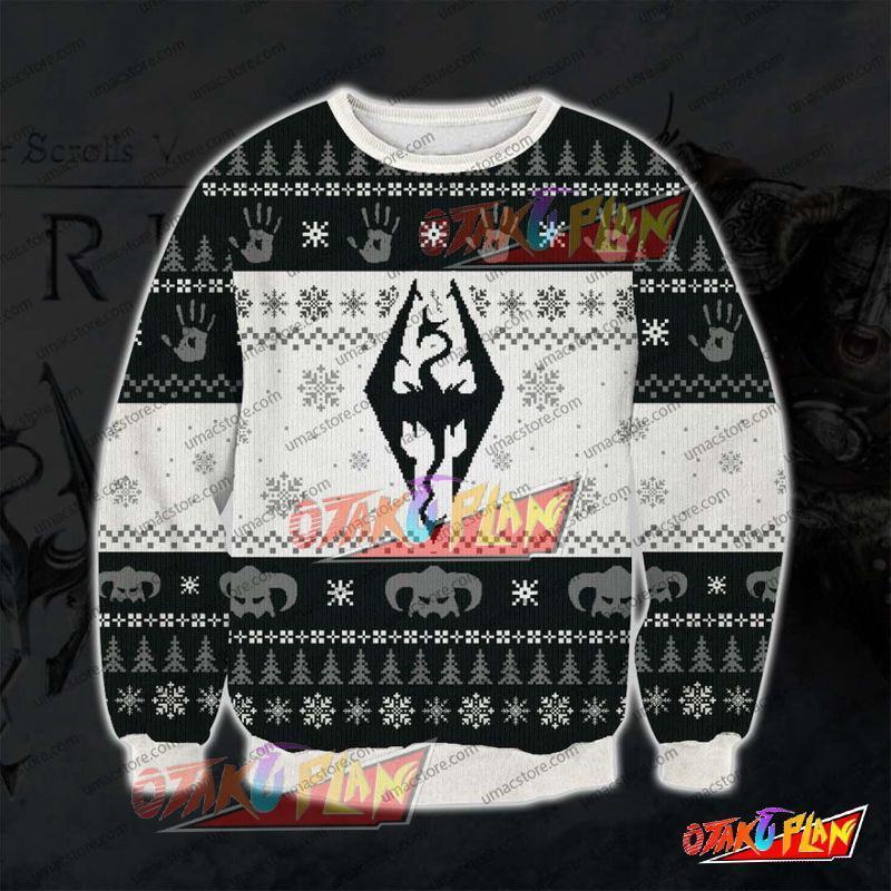 The Elder Scrolls V Skyrim Pattern 3D Print Ugly Christmas Sweatshirt-otakuplan