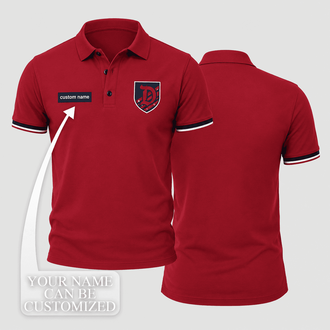 Trent Custom Name Red Navy White D Shield Cuff Stripe Polo Shirt