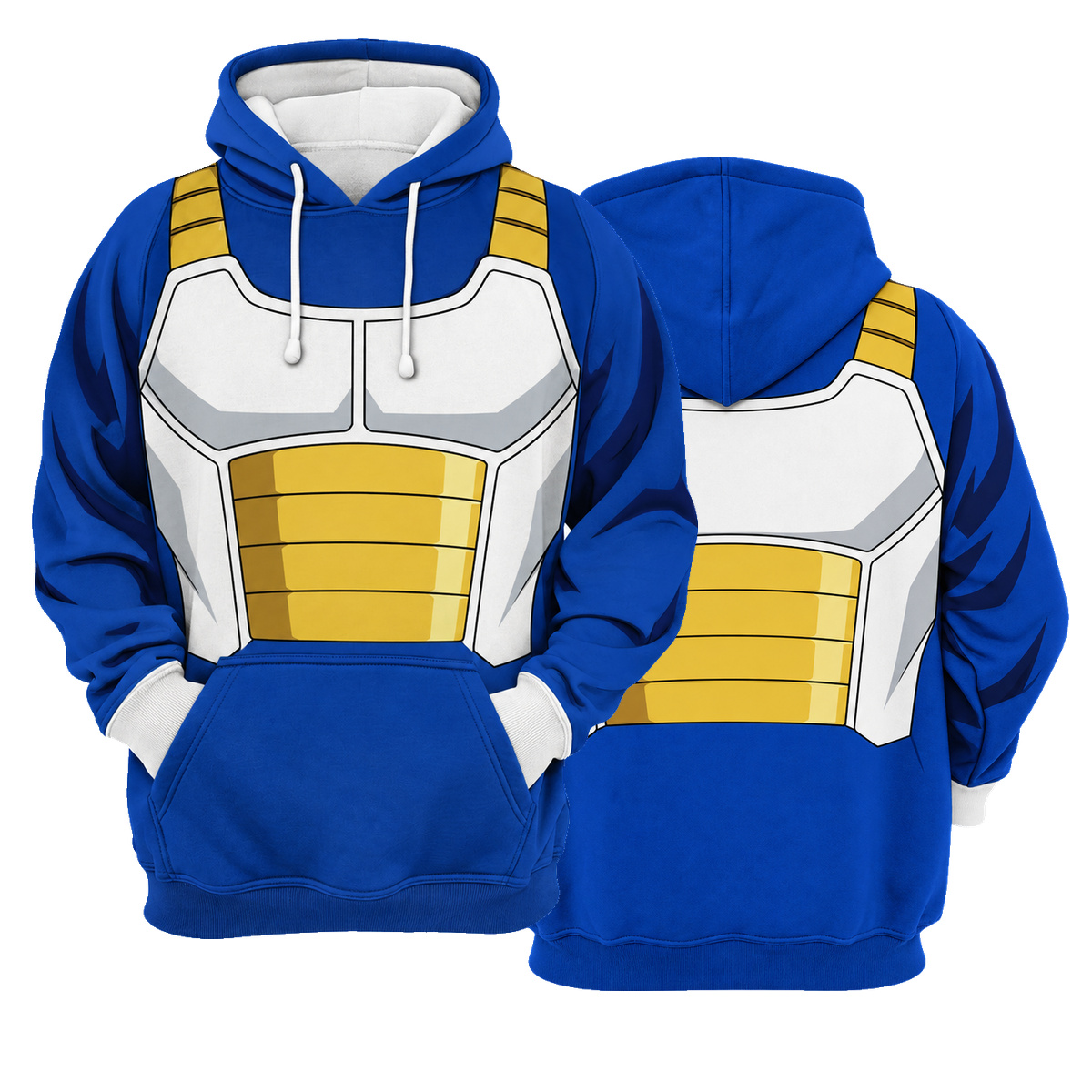 Vegeta Blue Armor Cosplay Hoodie - front and back views