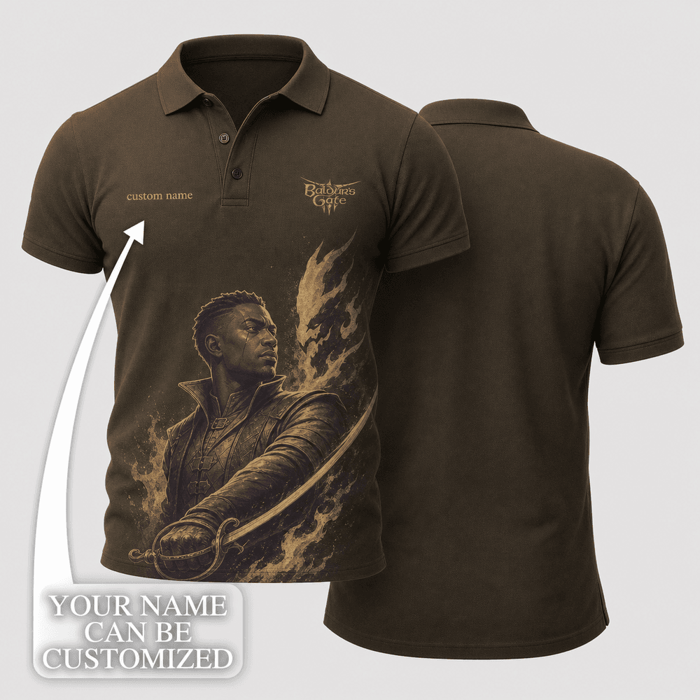 Wyll Deep Bronze Olive Gold Rapier Flame Polo Shirt