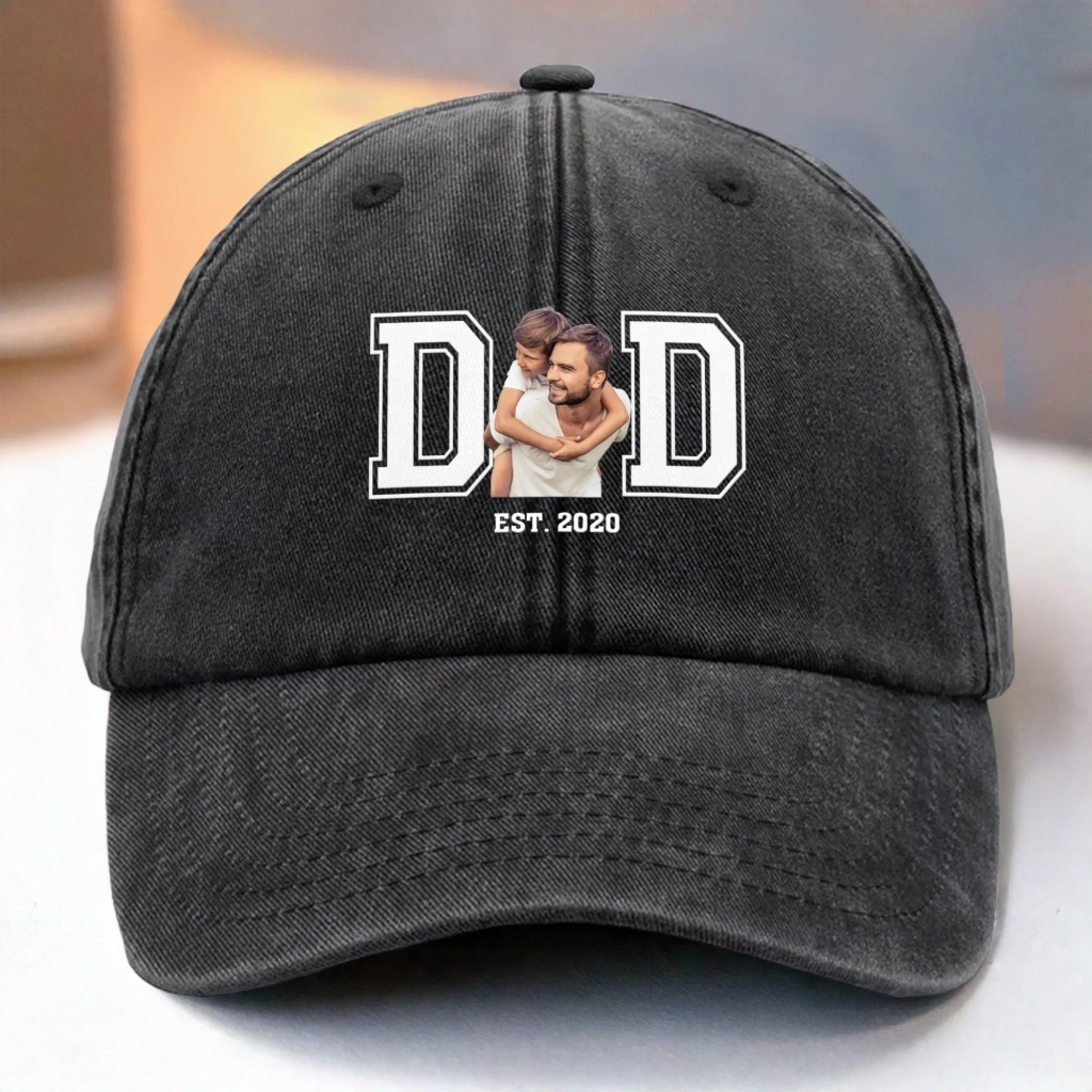 Custom Photo Powered By Love - Family  Custom Vintage Washed Denim Baseball Cap - Father's Day, Gift For Dad