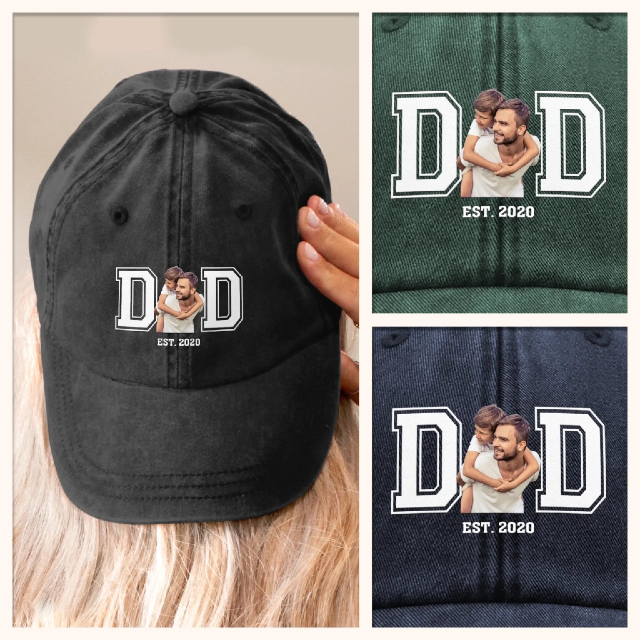 Custom Photo Powered By Love - Family  Custom Vintage Washed Denim Baseball Cap - Father's Day, Gift For Dad