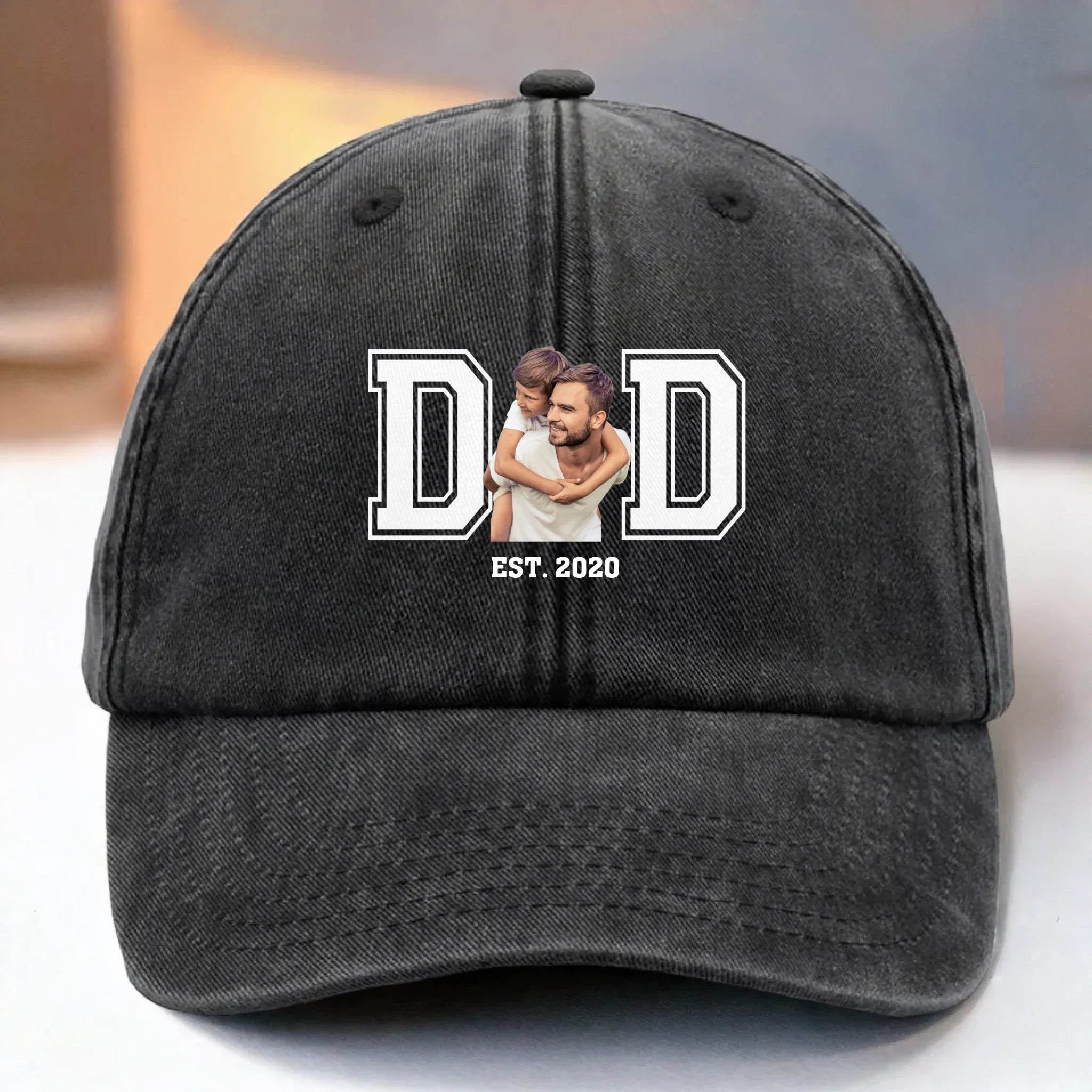 Custom Photo Powered By Love - Family  Custom Vintage Washed Denim Baseball Cap - Father's Day, Gift For Dad