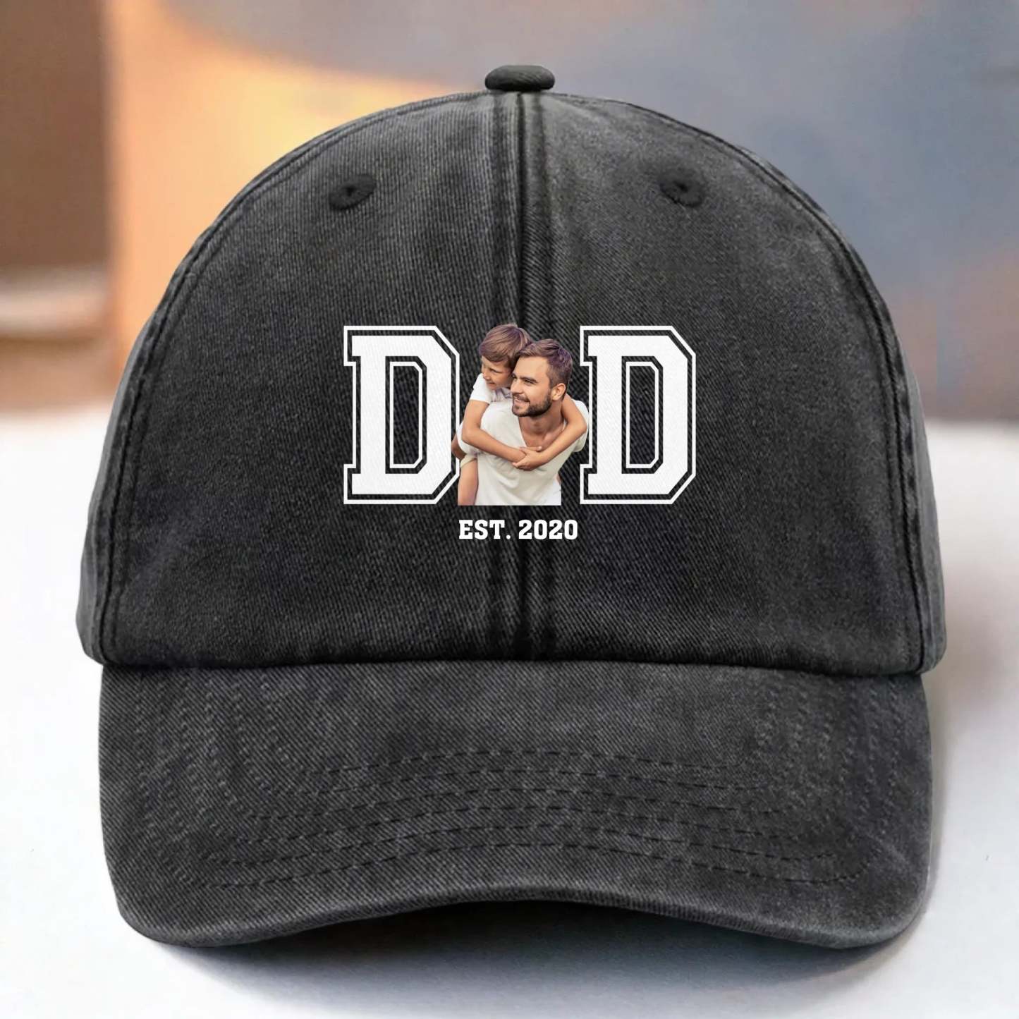Custom Photo Powered By Love - Family  Custom Vintage Washed Denim Baseball Cap - Father's Day, Gift For Dad