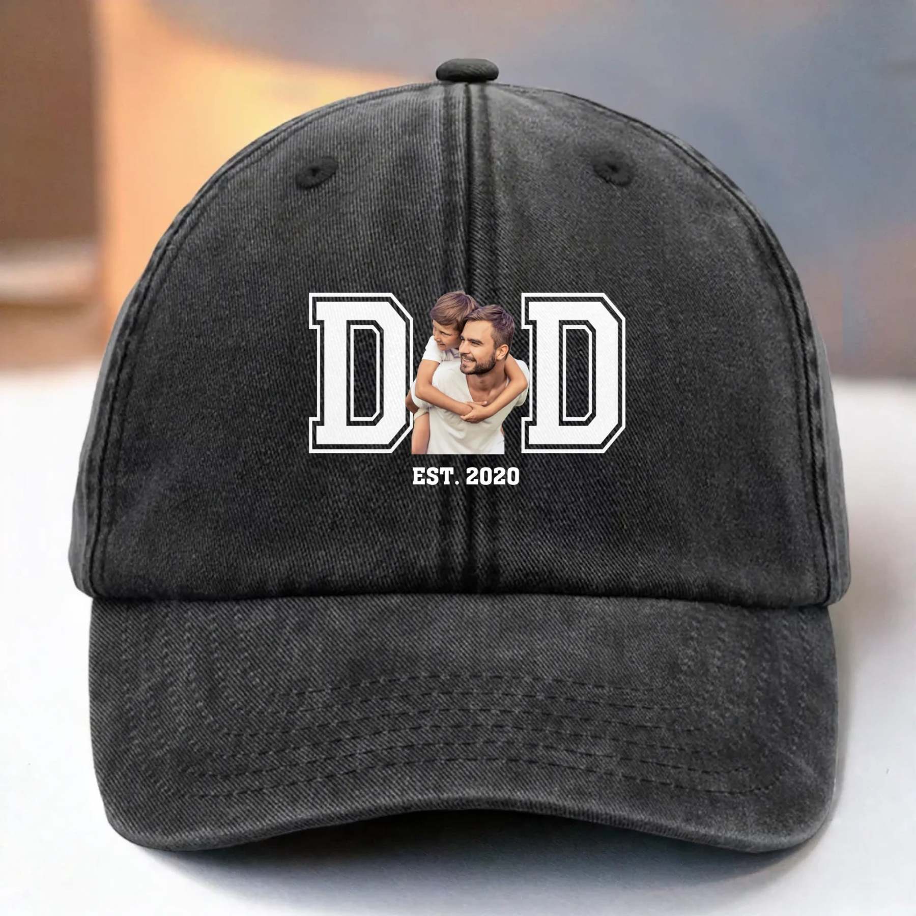 Custom Photo Powered By Love - Family  Custom Vintage Washed Denim Baseball Cap - Father's Day, Gift For Dad