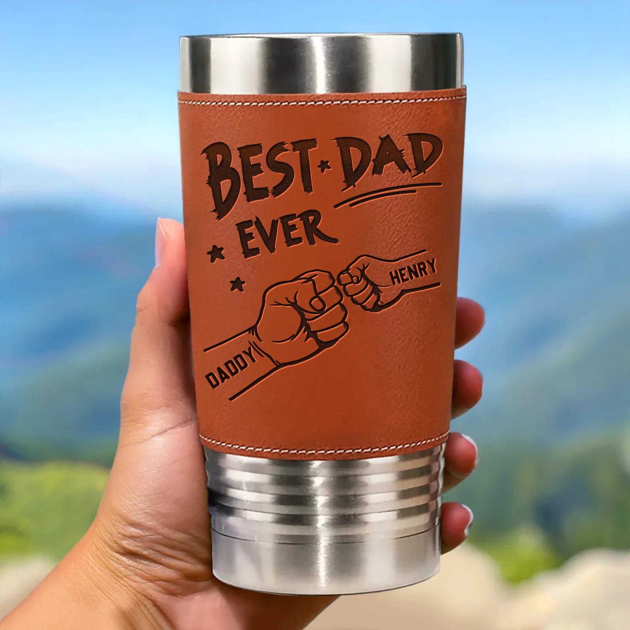 From Tiny Fingers To Forever Memories - Family  Custom Printed Leather Tumbler - Father's Day, Gift For Dad, Grandpa, Family Members