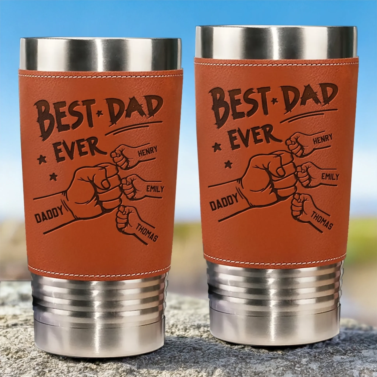 From Tiny Fingers To Forever Memories - Family  Custom Printed Leather Tumbler - Father's Day, Gift For Dad, Grandpa, Family Members