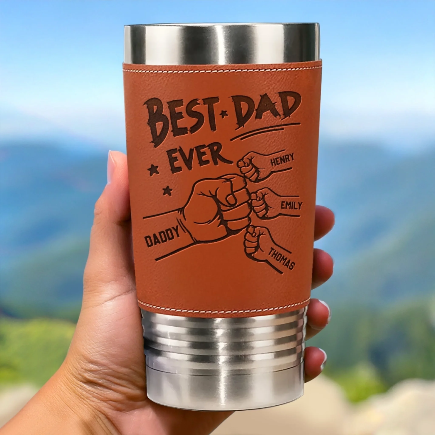 From Tiny Fingers To Forever Memories - Family  Custom Printed Leather Tumbler - Father's Day, Gift For Dad, Grandpa, Family Members