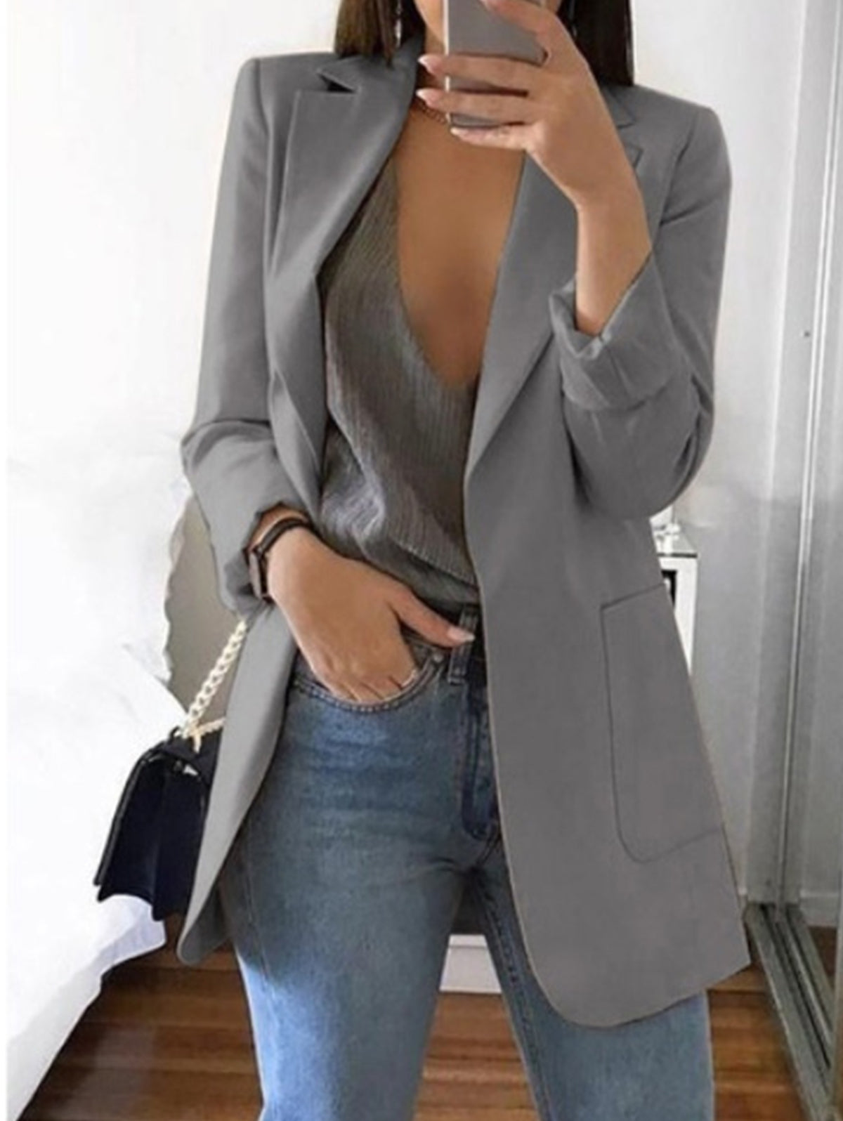 Elegant Plain Lapel Collar Dual Pocket Blazer
