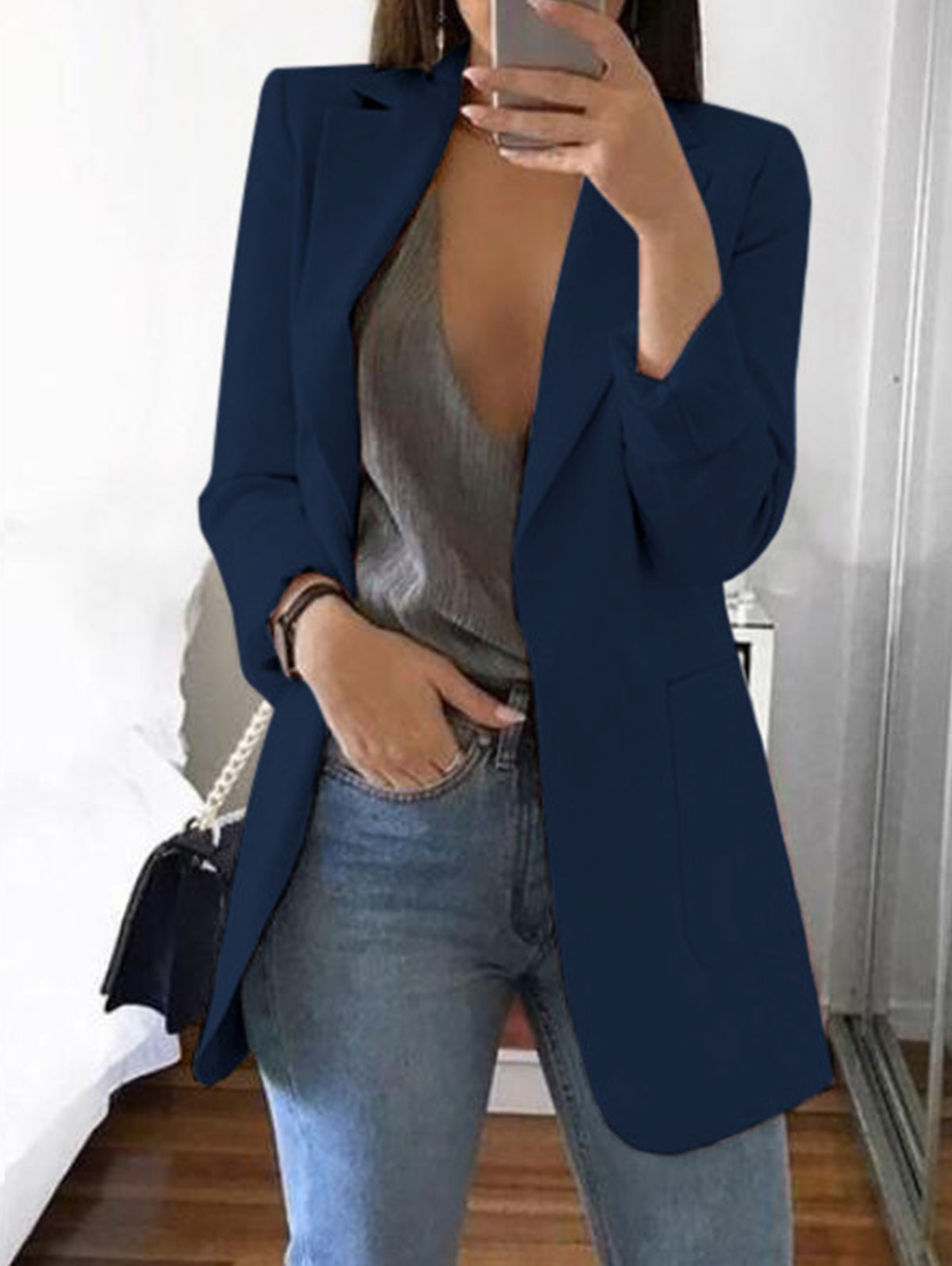 Elegant Plain Lapel Collar Dual Pocket Blazer