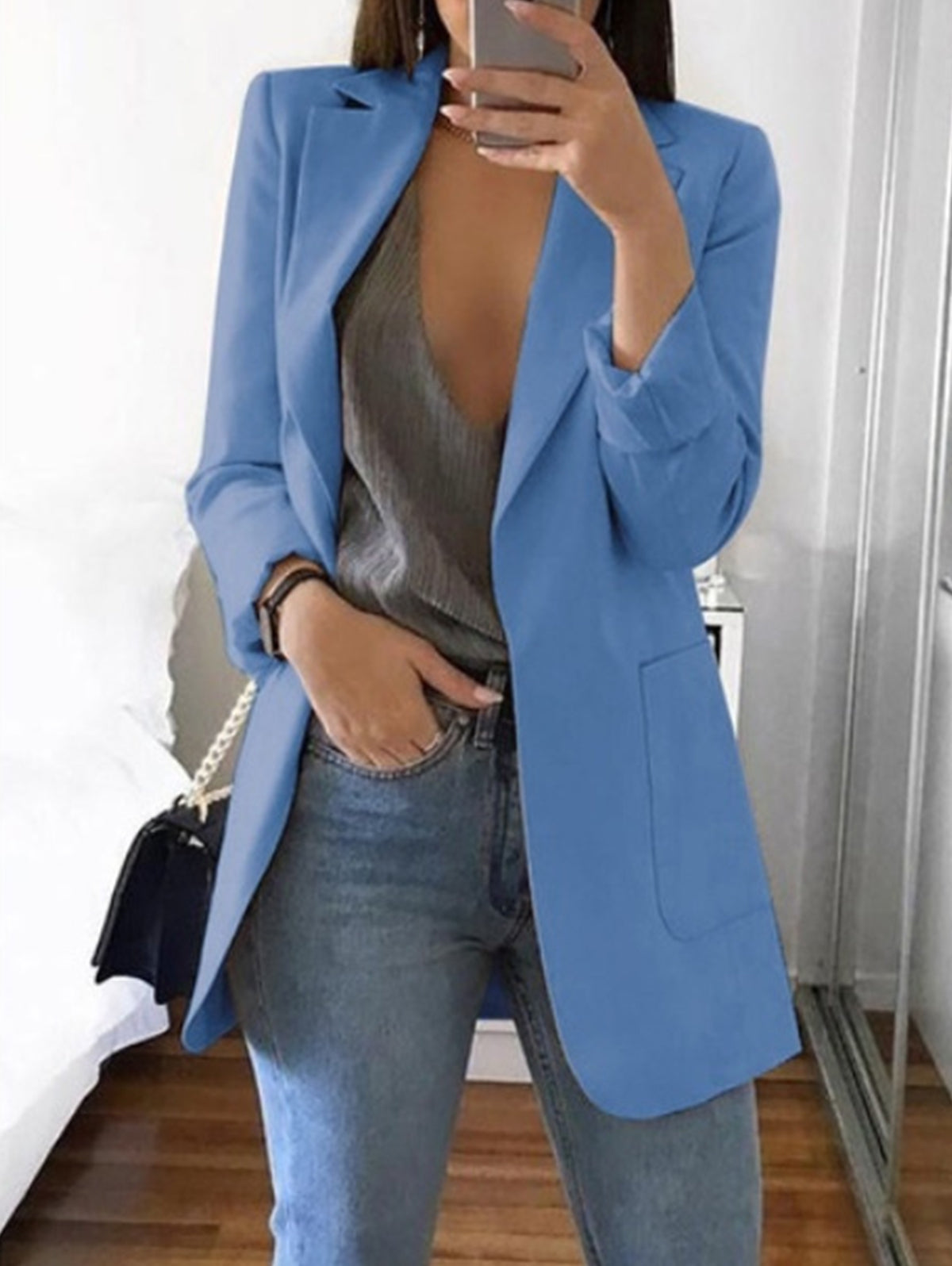 Elegant Plain Lapel Collar Dual Pocket Blazer