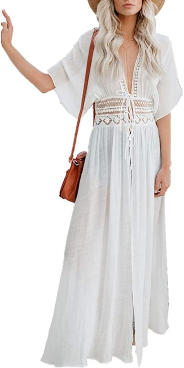 Summer Cotton Floral Long Kaftan Bohemian Kimono Beach Swimsuit Cover Up Maxi Dress for Women