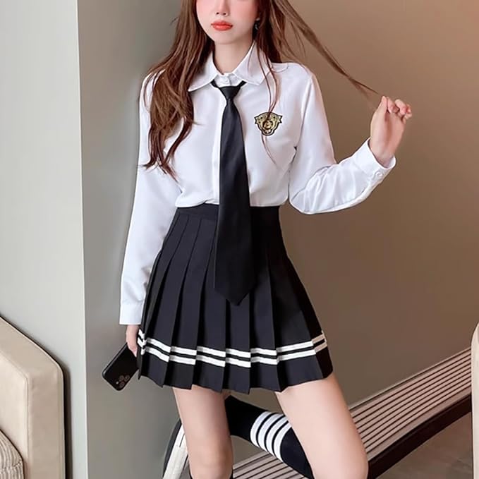 Women's JK Uniform Long Sleeve Shirt Short Pleated Skirt Cute High School Girl Sailor Suit with Tie