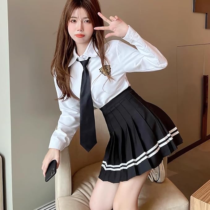 Women's JK Uniform Long Sleeve Shirt Short Pleated Skirt Cute High School Girl Sailor Suit with Tie