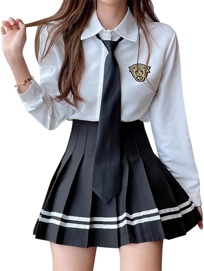 Women's JK Uniform Long Sleeve Shirt Short Pleated Skirt Cute High School Girl Sailor Suit with Tie