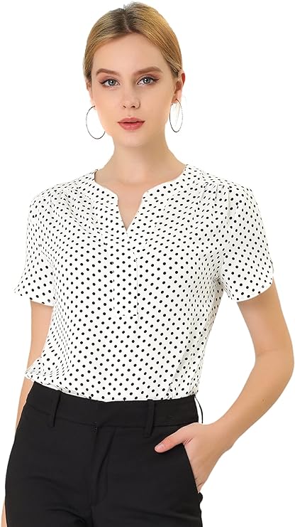 Women's Polka Dots Print V Neck Short Sleeve Elegant Work Office Tops