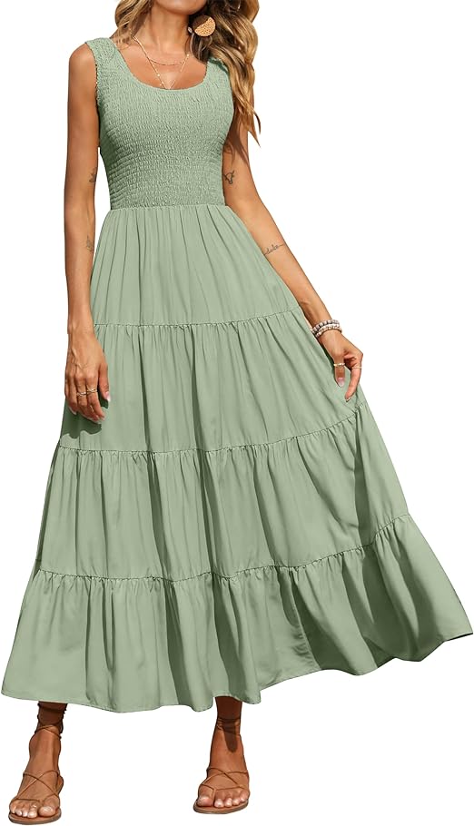 Women's Casual Loose Plain Maxi Sundress Smocked Tank Dress Sleeveless Summer Beach Tiered Long Dresses