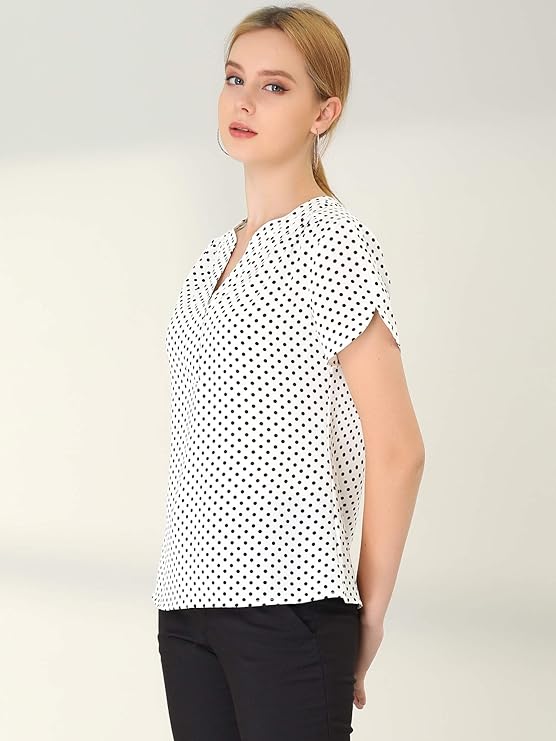 Women's Polka Dots Print V Neck Short Sleeve Elegant Work Office Tops