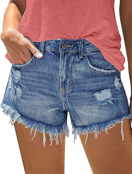 Frayed Denim Shorts for Women Mid Rise Jean Shorts Ripped Raw Hem Comfy