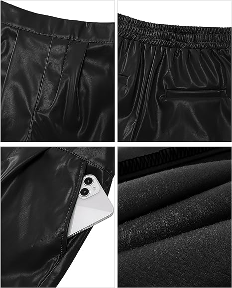 Faux Leather Shorts for Women High Wasited Pull On Pleated Side Slit Pleather Shorts with Elastic Waist Pockets
