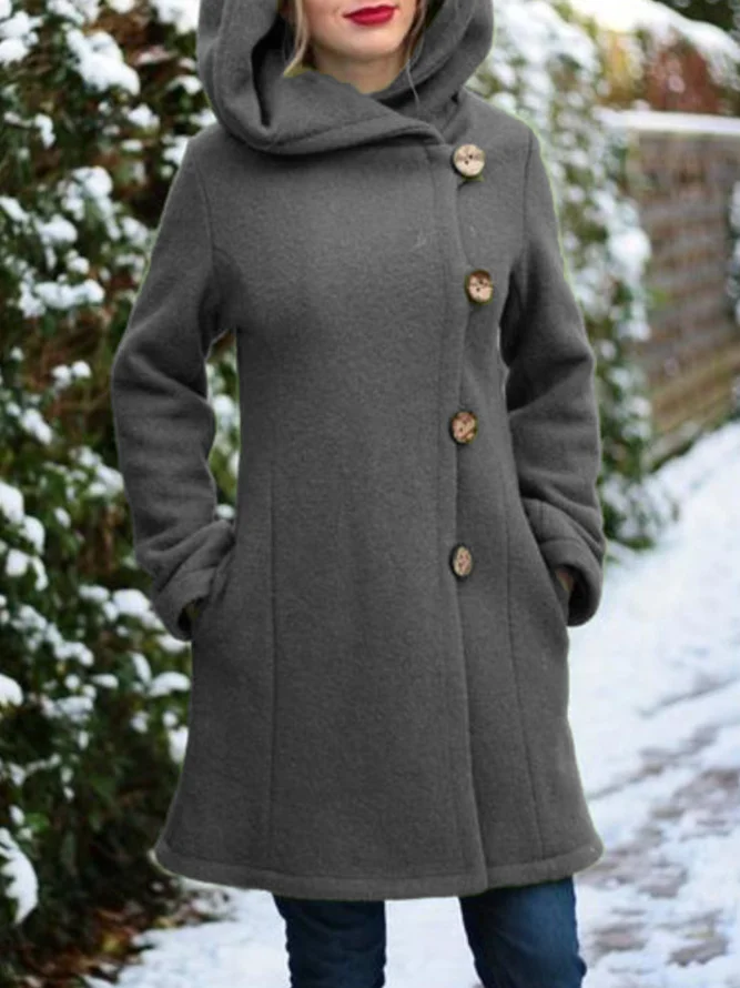 Hoodie Solid Buttoned Casual Jacket Coat