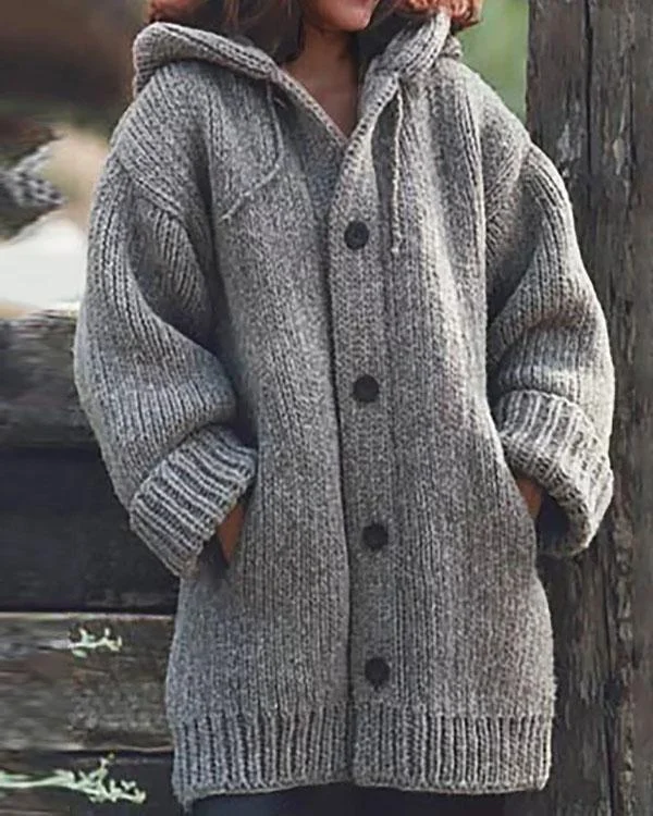 Button Down Hooded Knitted Cardigan Plus Size Outerwear