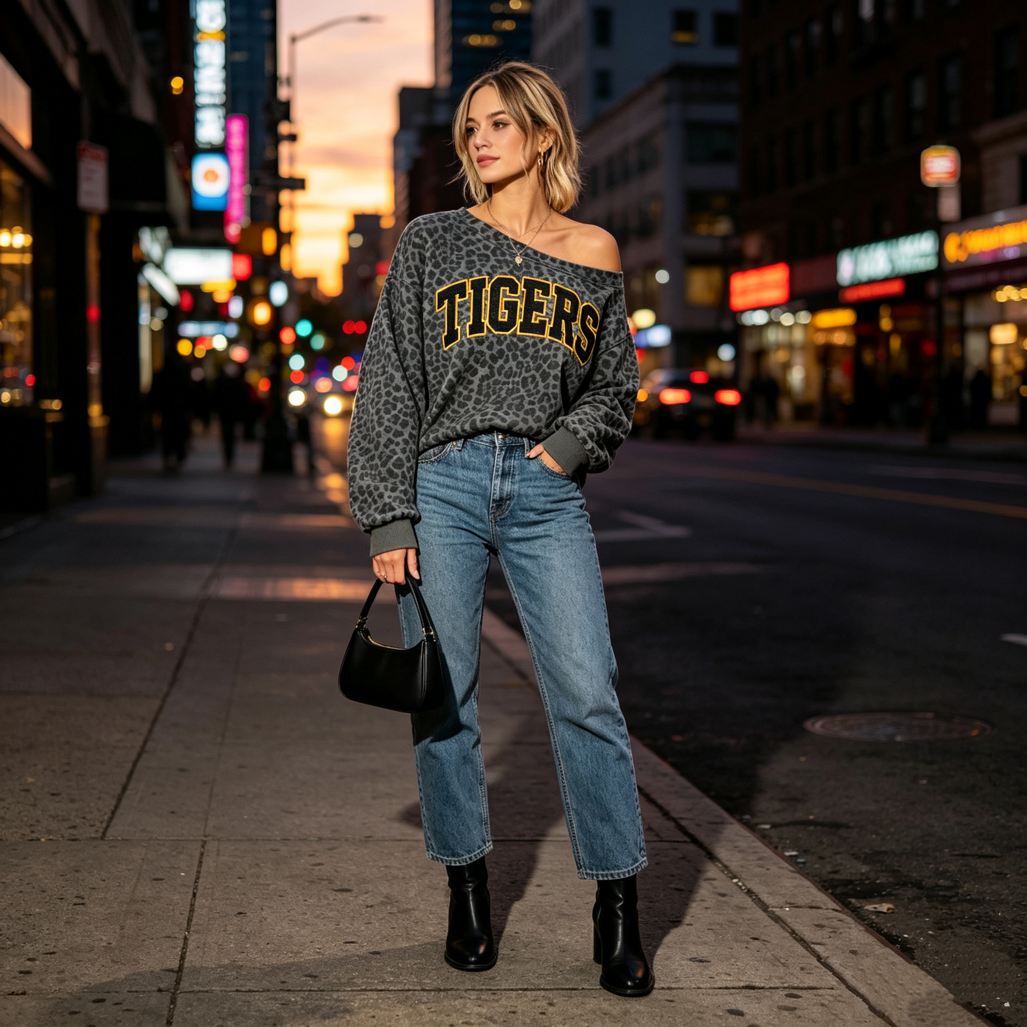 Personalized Leopard Print Off-Shoulder Game Day Sweatshirt, Custom Team Name Glitter Sweatshirt