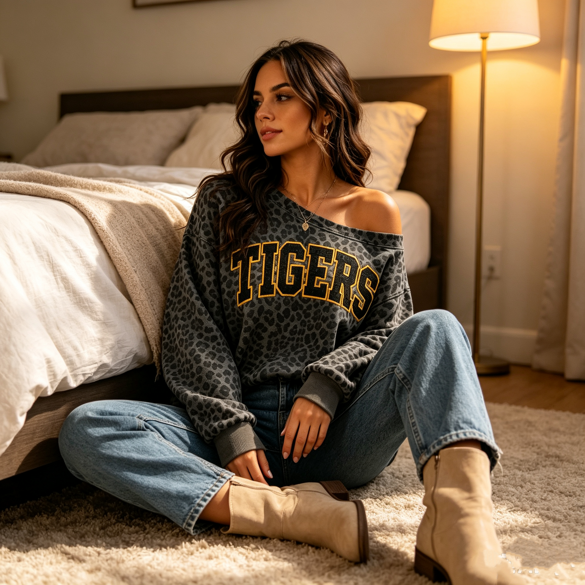 Personalized Leopard Print Off-Shoulder Game Day Sweatshirt, Custom Team Name Glitter Sweatshirt