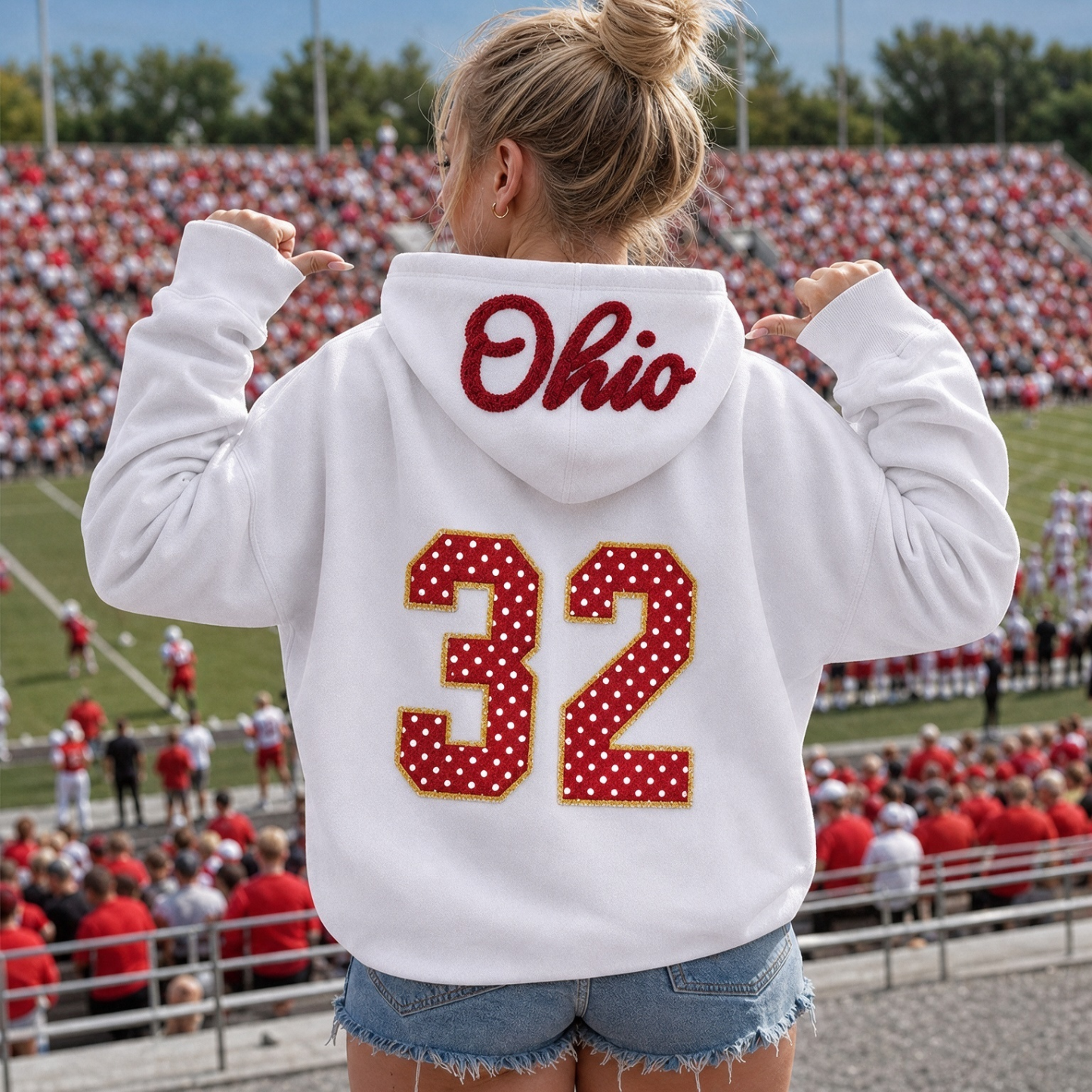 Custom Chenille Hood Text & Polka Dot Applique Back Number Hoodie-Game Day Style