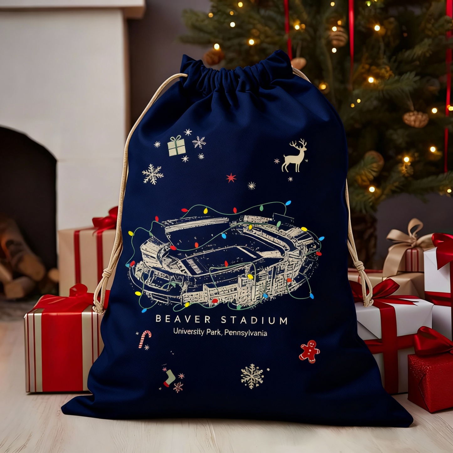 Personalized Beaver Stadium Drawstring Christmas Gift Bag, Christmas Present