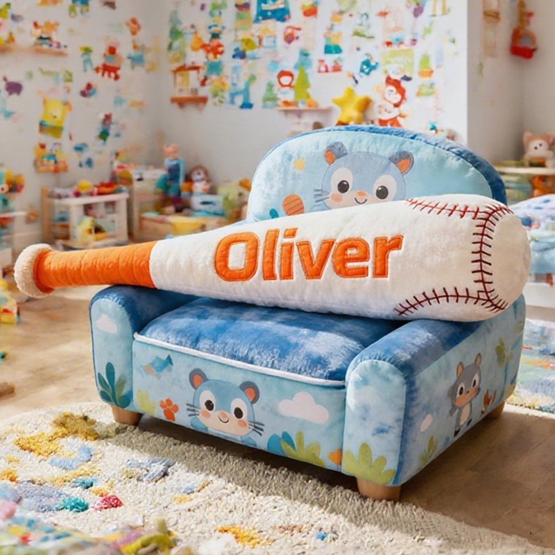 Personalized Christmas Pillow In The Shape Of A Baseball Bat For Children, Customizable With Your Name.