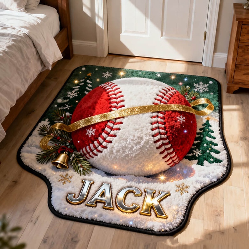 Personalized Baseball Christmas Rug With Custom Name And Holiday Design For Sports Fans