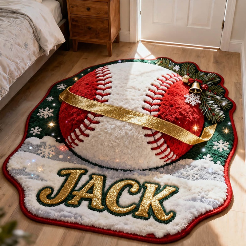 Personalized Baseball Christmas Rug With Custom Name And Holiday Design For Sports Fans