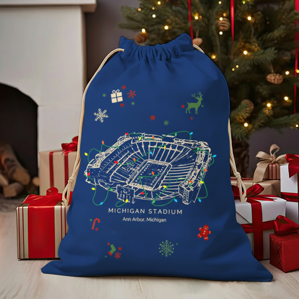 Personalized Michigan Stadium Drawstring Christmas Gift Bag, Christmas Present