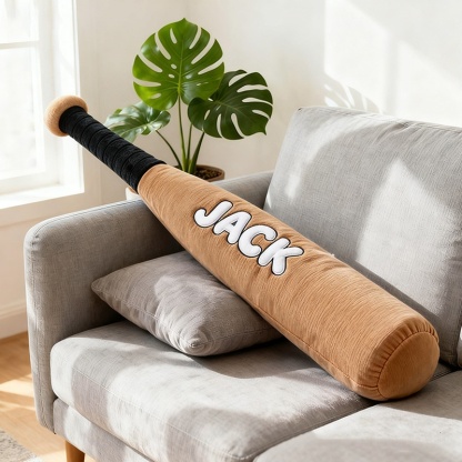 Personalized Christmas Pillow In The Shape Of A Baseball Bat For Children, Customizable With Your Name.