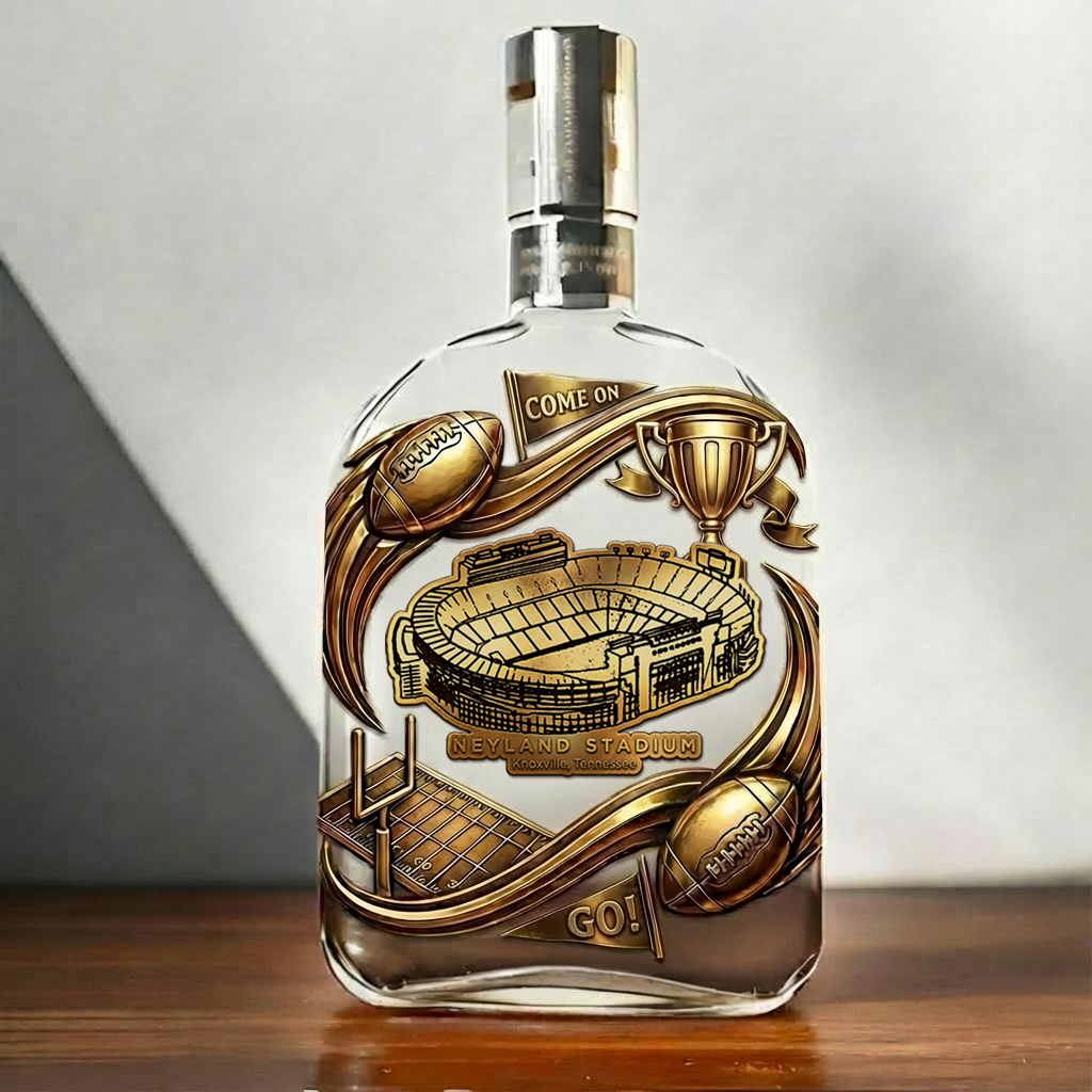 Custom Vintage Whisky Bottle With A Football Stadium Theme – A Gift For Sports Enthusiasts.
