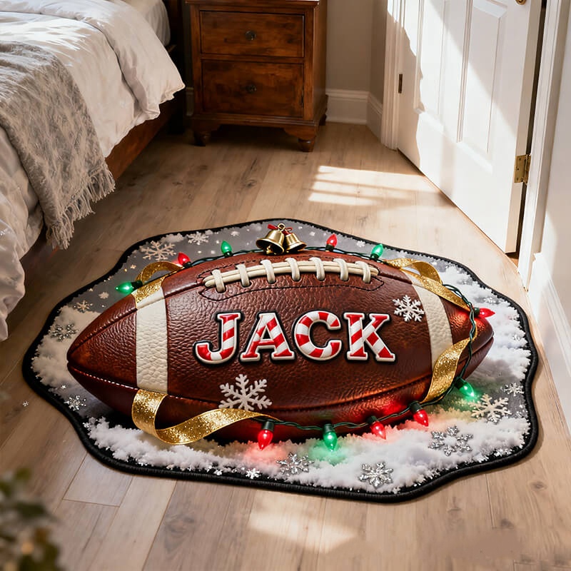 Personalized Football Christmas Rug With Custom Name And Festive Design