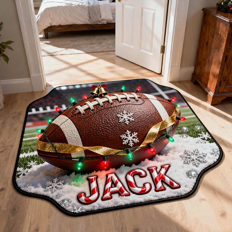 Personalized Football Christmas Rug With Custom Name And Festive Design