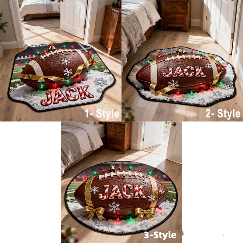 Personalized Football Christmas Rug With Custom Name And Festive Design