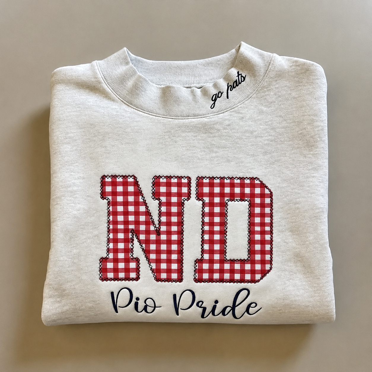 Custom Gingham Appliqué Sweatshirt Personalized Plaid Name Crewneck Cozy Embroidered Mock Neck Pullover