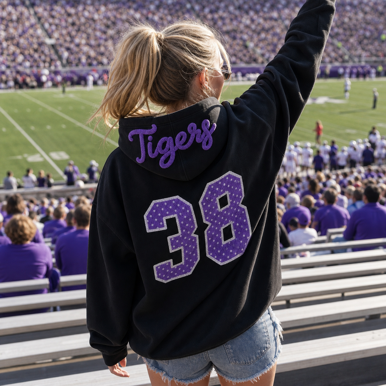 Custom Chenille Hood Text & Polka Dot Applique Back Number Hoodie-Game Day Style