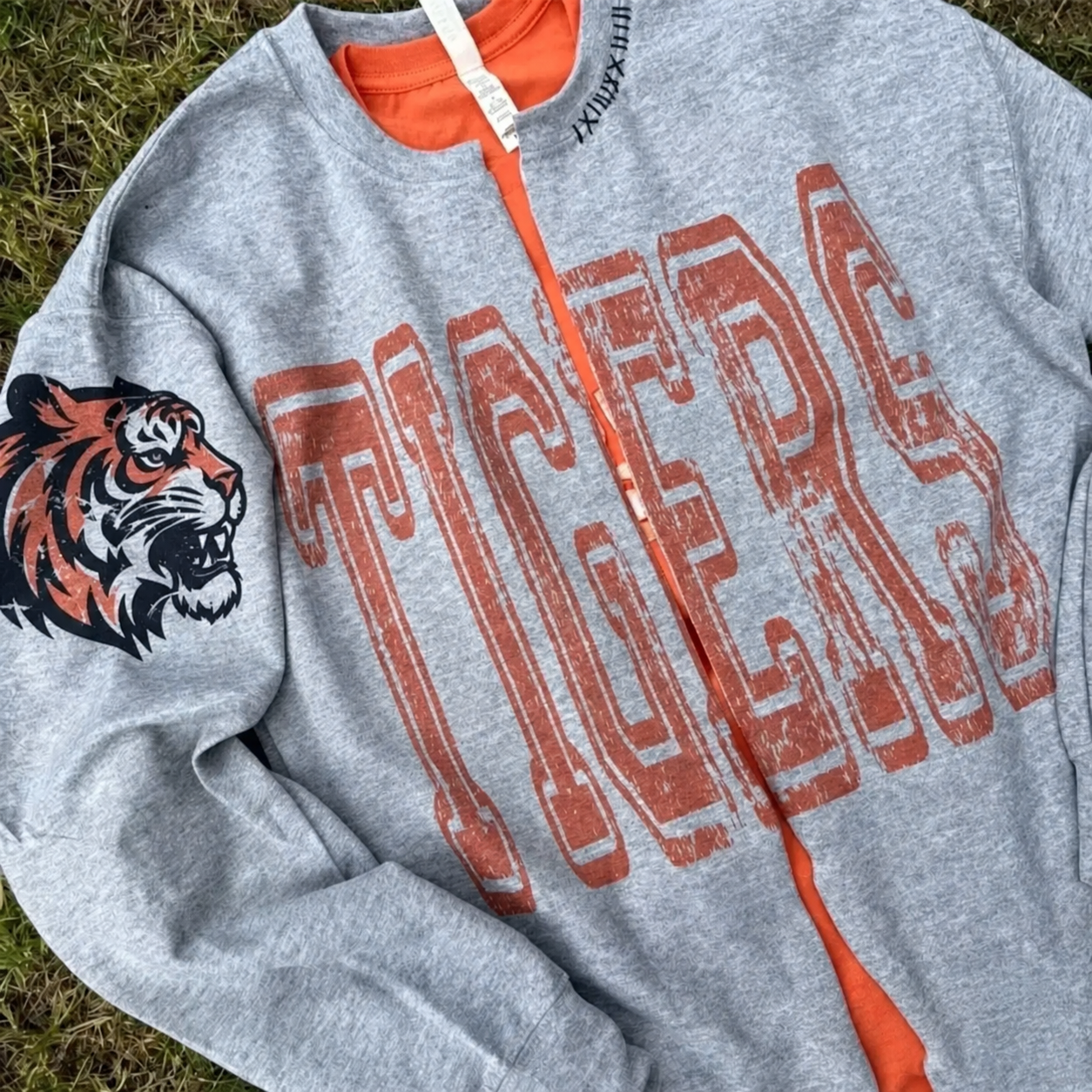 Custom Vintage Varsity Team Name Personalized Cross Stitch Details Text Split Sweatshirt