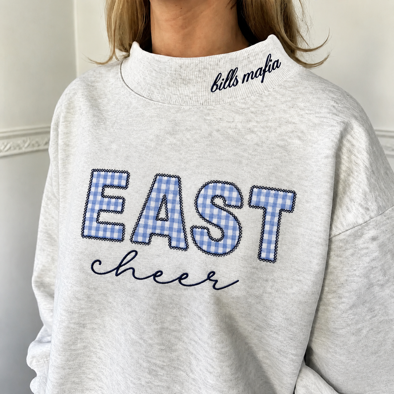 Custom Gingham Appliqué Sweatshirt Personalized Plaid Name Crewneck Cozy Embroidered Mock Neck Pullover