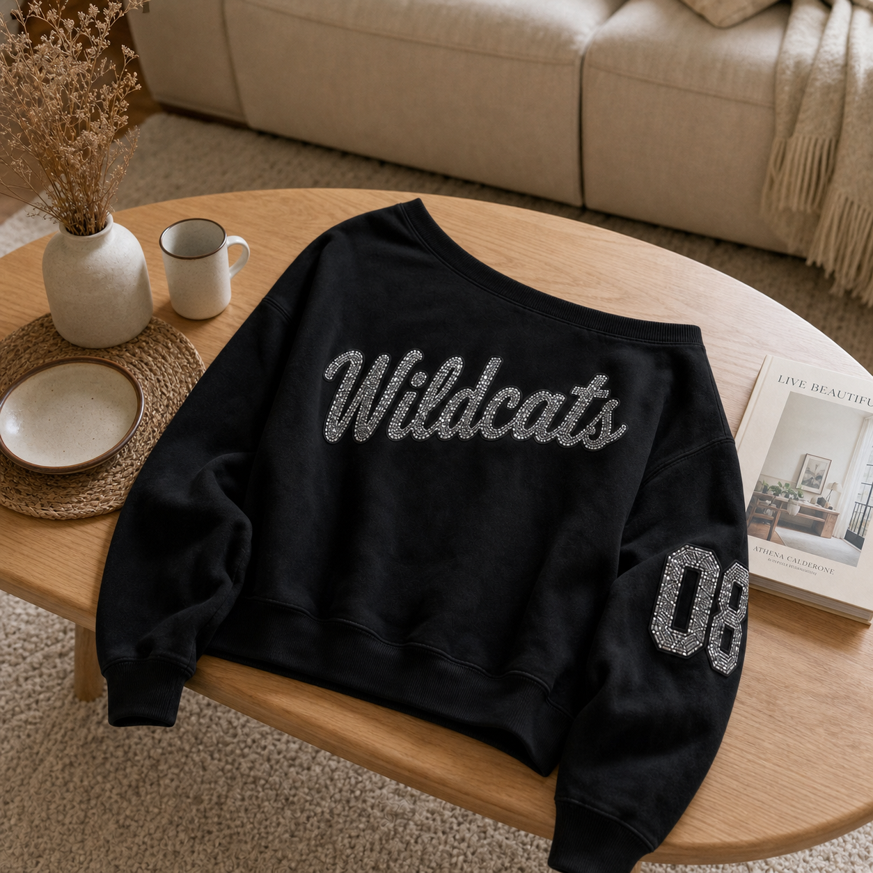 Personalized Off-Shoulder Game Day Sweatshirt, Custom Team Name Glitter Sweatshirt