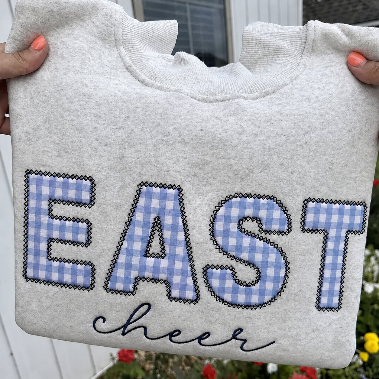 Custom Gingham Appliqué Sweatshirt Personalized Plaid Name Crewneck Cozy Embroidered Mock Neck Pullover