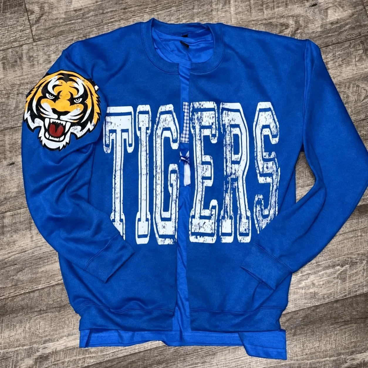 Custom Vintage Varsity Team Name Personalized Cross Stitch Details Text Split Sweatshirt