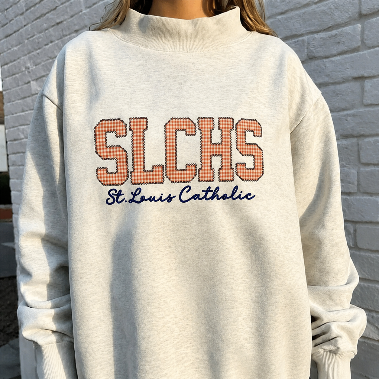Custom Gingham Appliqué Sweatshirt Personalized Plaid Name Crewneck Cozy Embroidered Mock Neck Pullover