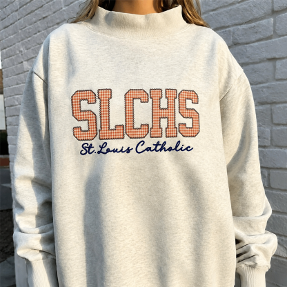 Custom Gingham Appliqué Sweatshirt Personalized Plaid Name Crewneck Cozy Embroidered Mock Neck Pullover