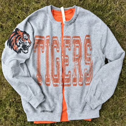 Custom Vintage Varsity Team Name Personalized Cross Stitch Details Text Split Sweatshirt