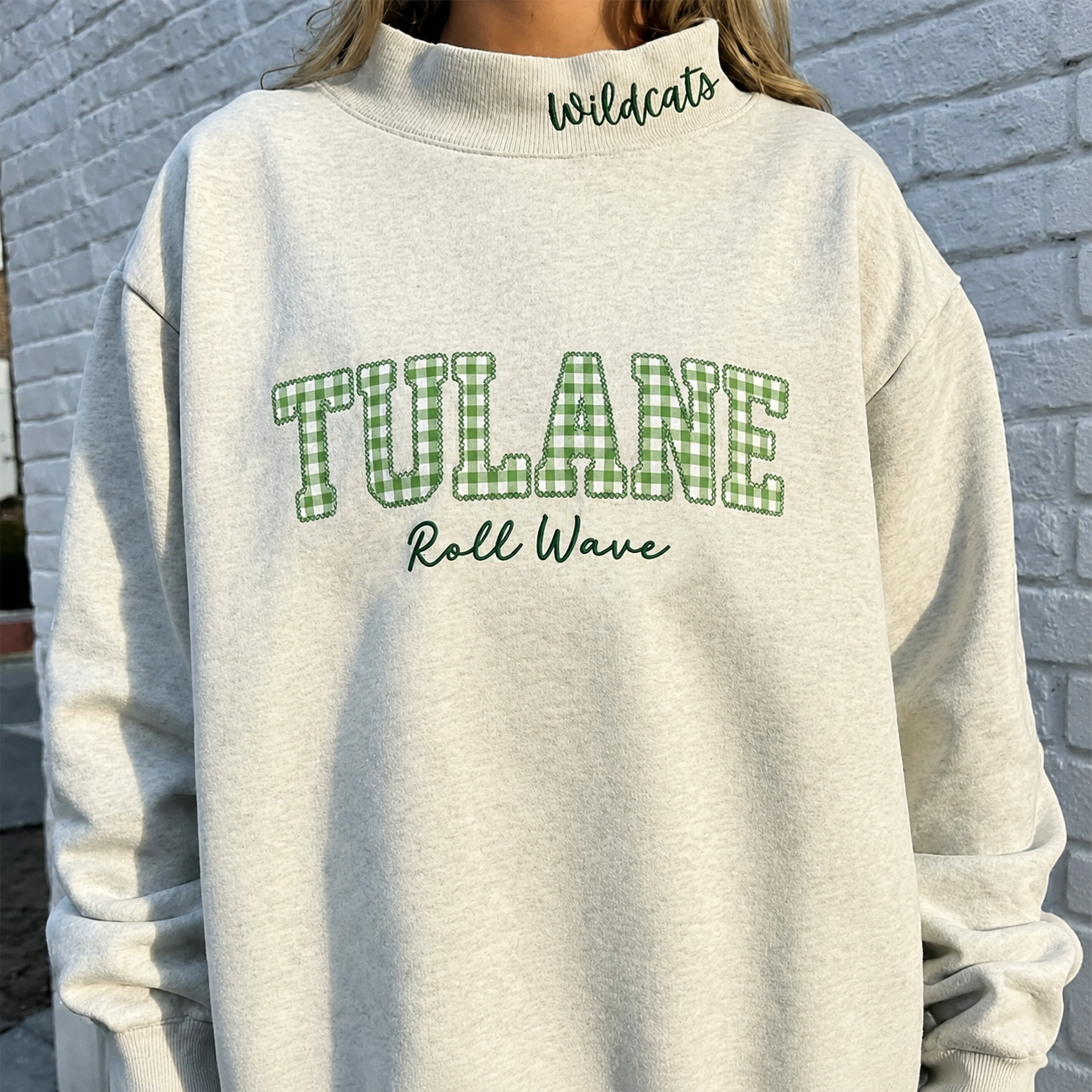 Custom Gingham Appliqué Sweatshirt Personalized Plaid Name Crewneck Cozy Embroidered Mock Neck Pullover